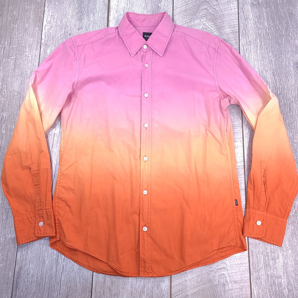 BOSS Hugo Boss Button Down Shirt Mens L Pink Orange Ombre Ronny_11 Slim Fit